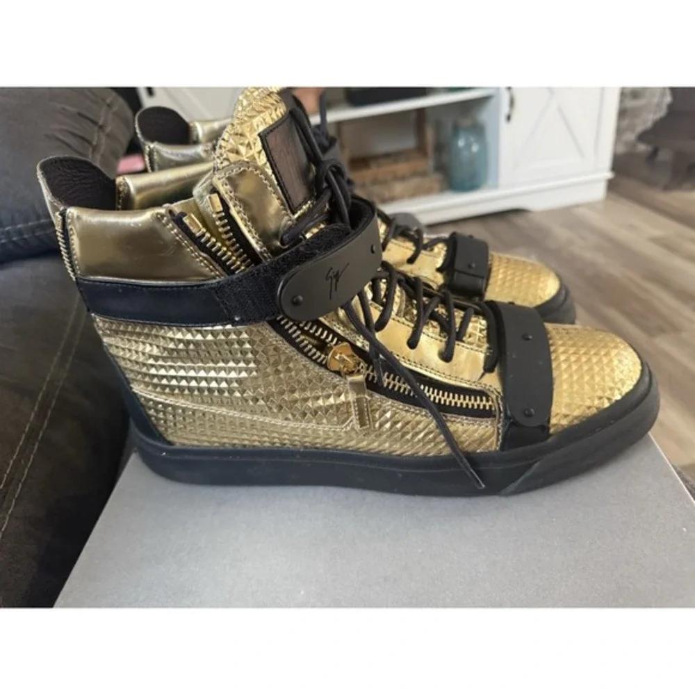 Giuseppe Zanotti Mens Gold Studded High Top Shoes Double Zip Buckle Sz 44